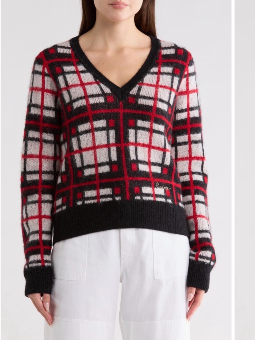 RE DONE Plaid V Neck Sweater Red Black Wool Blend Designer Size M